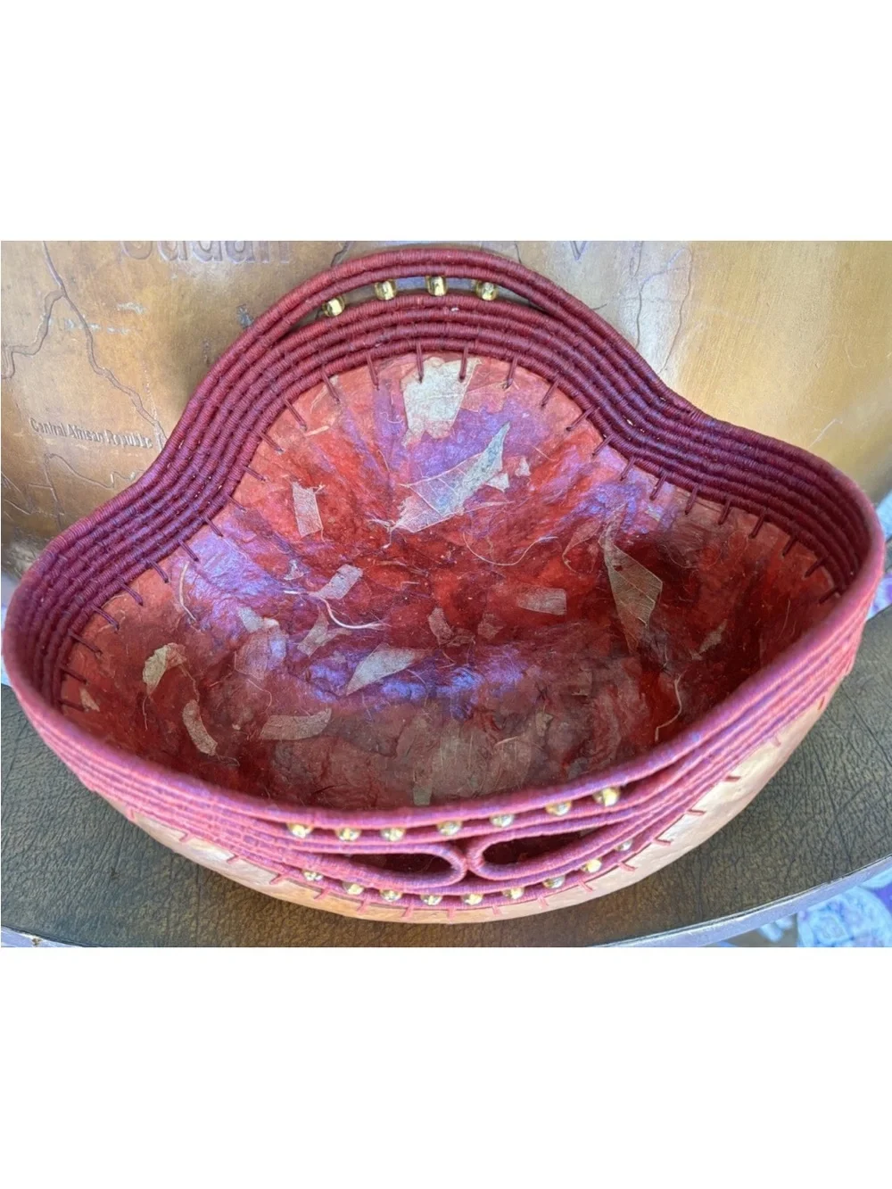 Judy Zeigler Handmade Gourd Artisan Basket Red Brown Hand Painted Beads